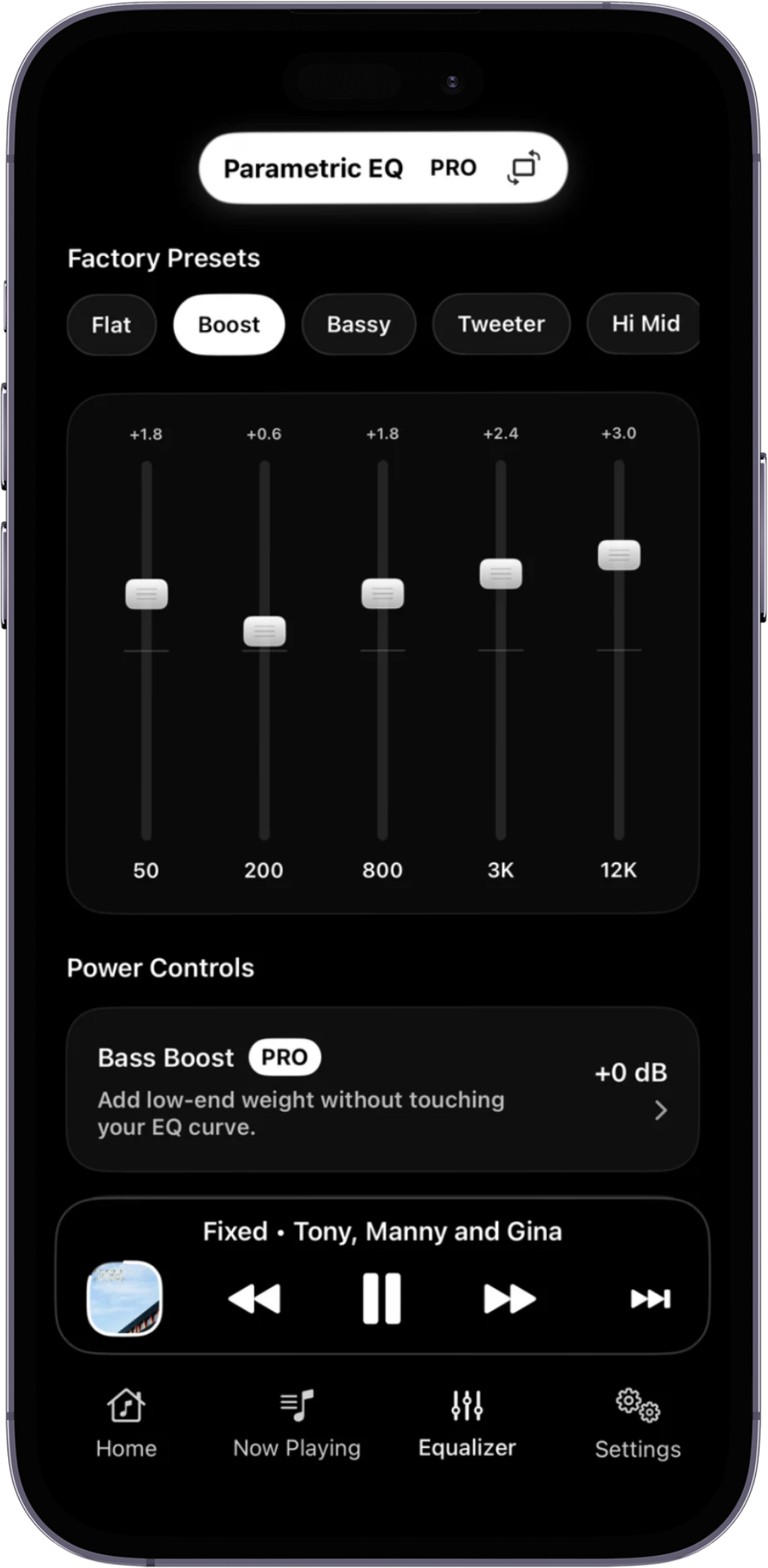 MPX free 5-band EQ interface with built-in presets and fixed-band controls across bass, mids, and treble.