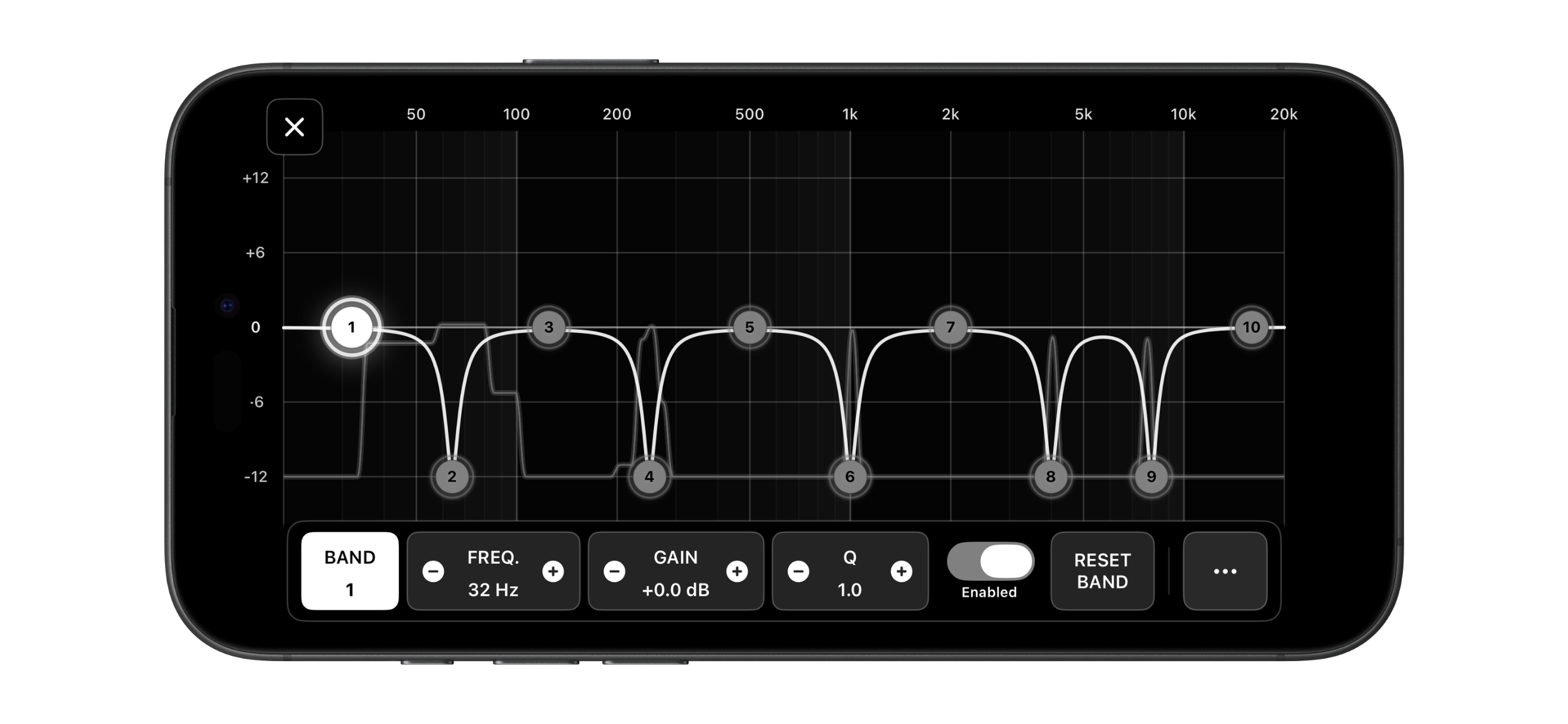 Parametric EQ view showing a narrow cut applied to the same underlying MPX EQ bands.